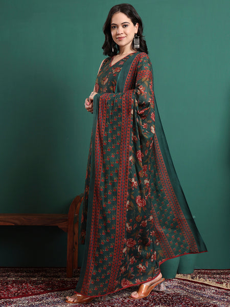 Women Floral Printed Cotton Kurta with Trousers & Dupatta