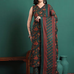 Women Floral Printed Cotton Kurta with Trousers & Dupatta