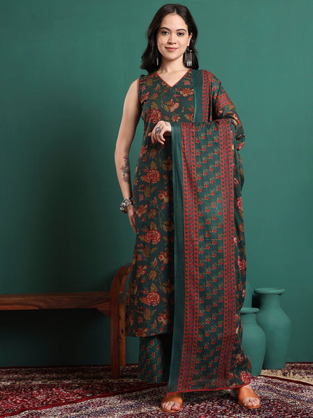 Women Floral Printed Cotton Kurta with Trousers & Dupatta