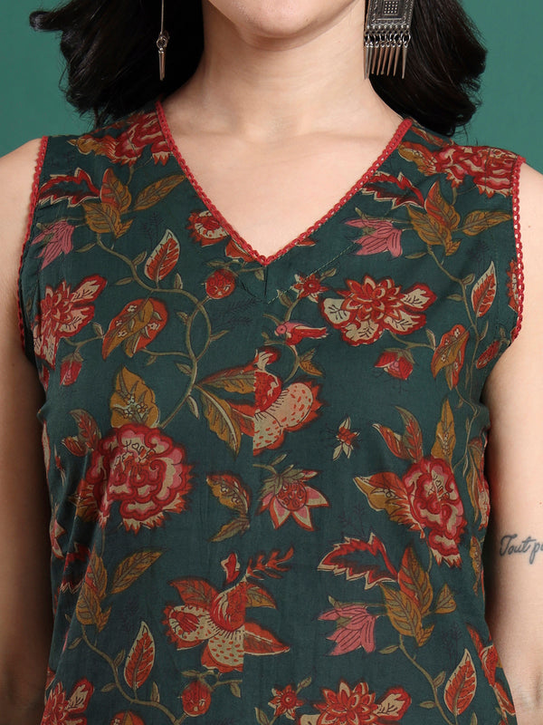 Women Floral Printed Cotton Kurta with Trousers & Dupatta