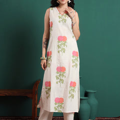 Floral Printed V-Neck Jute Cotton Kurta With Trousers