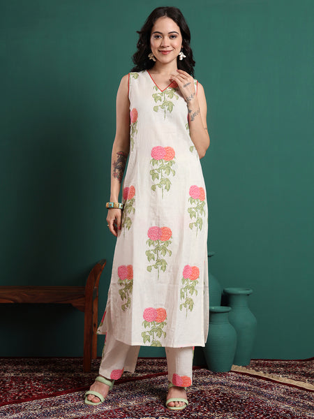 Floral Printed V-Neck Jute Cotton Kurta With Trousers