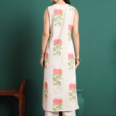 Floral Printed V-Neck Jute Cotton Kurta With Trousers