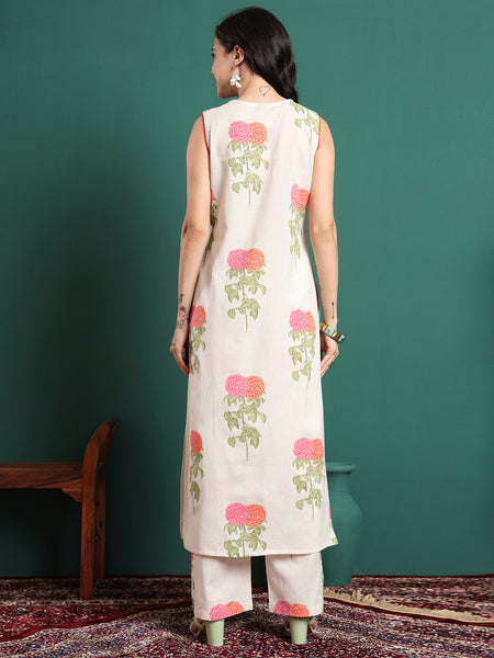 Floral Printed V-Neck Jute Cotton Kurta With Trousers