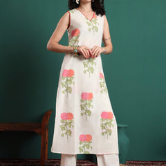 Floral Printed V-Neck Jute Cotton Kurta With Trousers