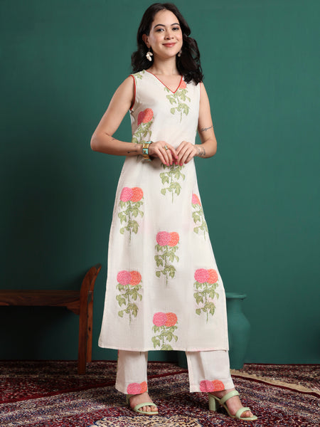 Floral Printed V-Neck Jute Cotton Kurta With Trousers