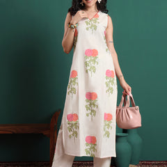 Floral Printed V-Neck Jute Cotton Kurta With Trousers