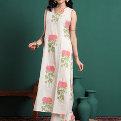 Floral Printed V-Neck Jute Cotton Kurta With Trousers