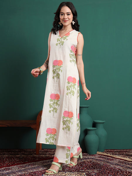 Floral Printed V-Neck Jute Cotton Kurta With Trousers
