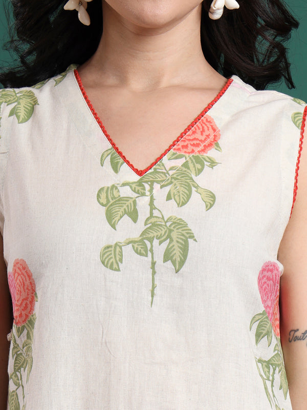 Floral Printed V-Neck Jute Cotton Kurta With Trousers