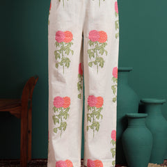 Floral Printed V-Neck Jute Cotton Kurta With Trousers