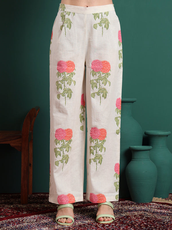 Floral Printed V-Neck Jute Cotton Kurta With Trousers