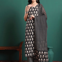 Floral Printed V-Neck Pure Cotton Kurta With Trousers & Dupatta