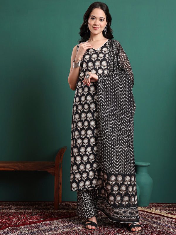 Floral Printed V-Neck Pure Cotton Kurta With Trousers & Dupatta