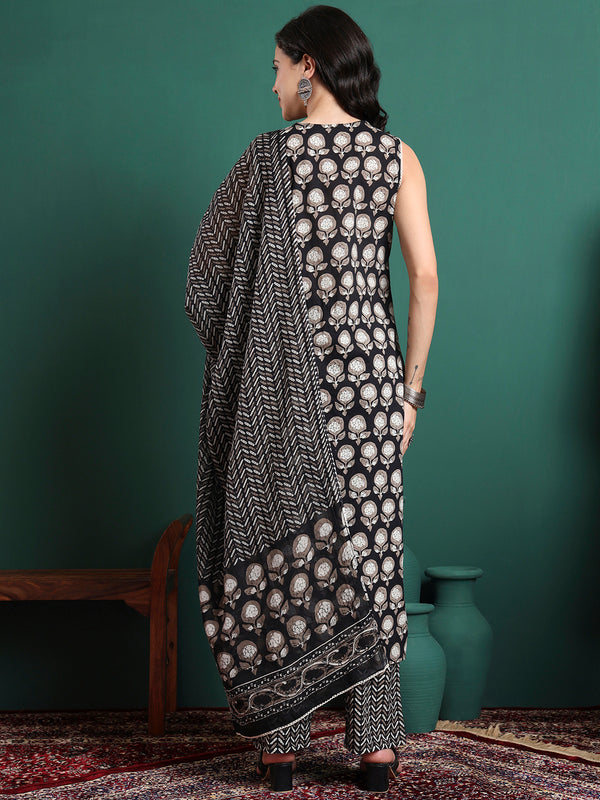 Floral Printed V-Neck Pure Cotton Kurta With Trousers & Dupatta