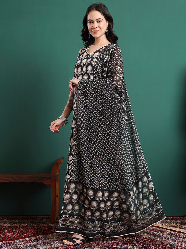 Floral Printed V-Neck Pure Cotton Kurta With Trousers & Dupatta