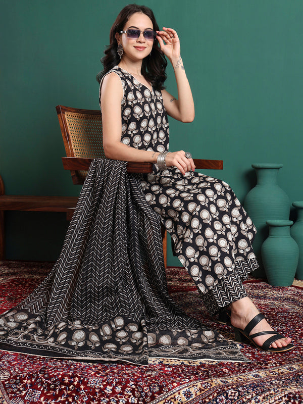 Floral Printed V-Neck Pure Cotton Kurta With Trousers & Dupatta