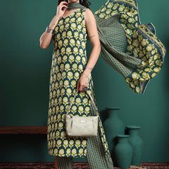 Floral Printed V-Neck Pure Cotton Kurta With Trousers & Dupatta
