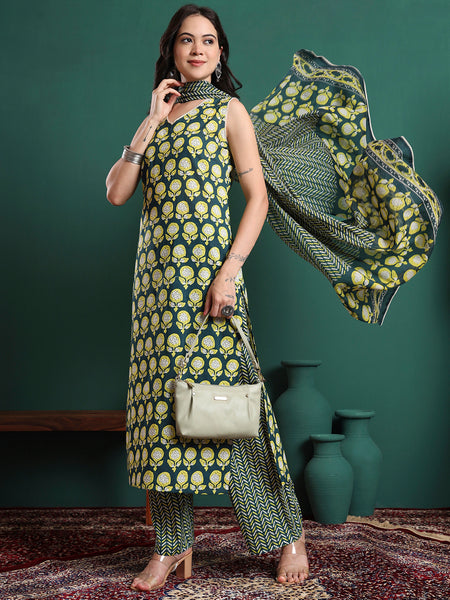 Floral Printed V-Neck Pure Cotton Straight Kurta With Trousers & Dupatta