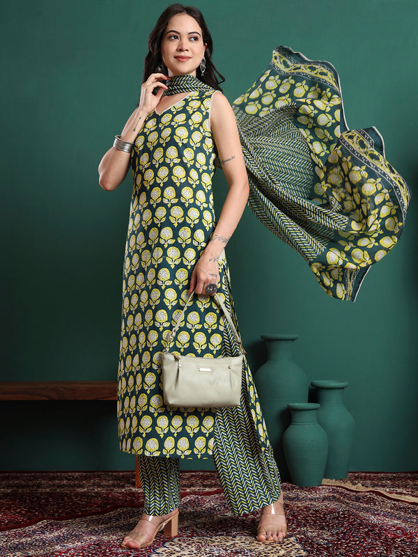 Floral Printed V-Neck Pure Cotton Kurta With Trousers & Dupatta