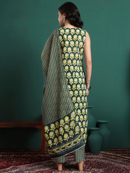Floral Printed V-Neck Pure Cotton Straight Kurta With Trousers & Dupatta