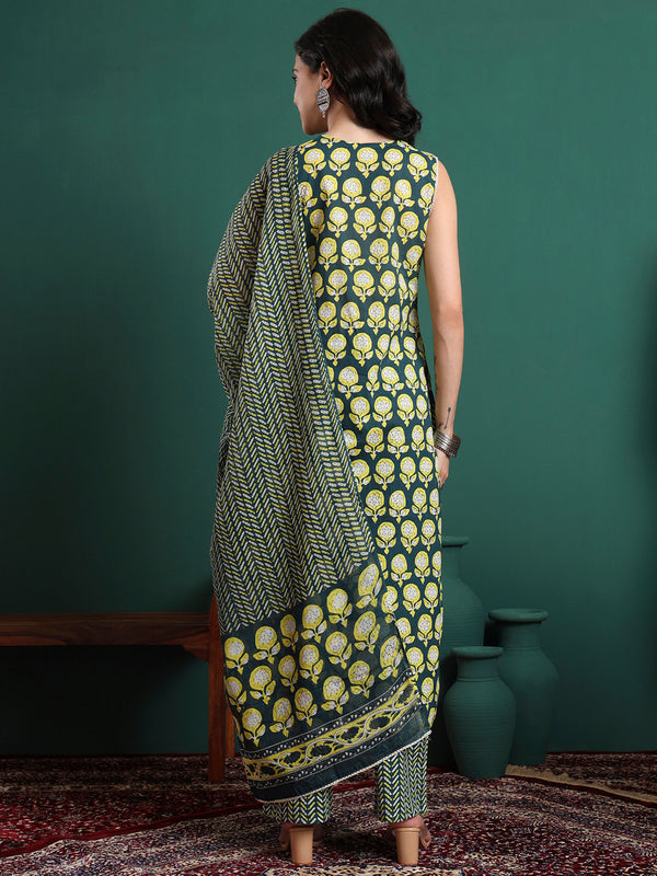 Floral Printed V-Neck Pure Cotton Kurta With Trousers & Dupatta