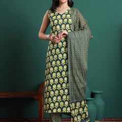 Floral Printed V-Neck Pure Cotton Kurta With Trousers & Dupatta