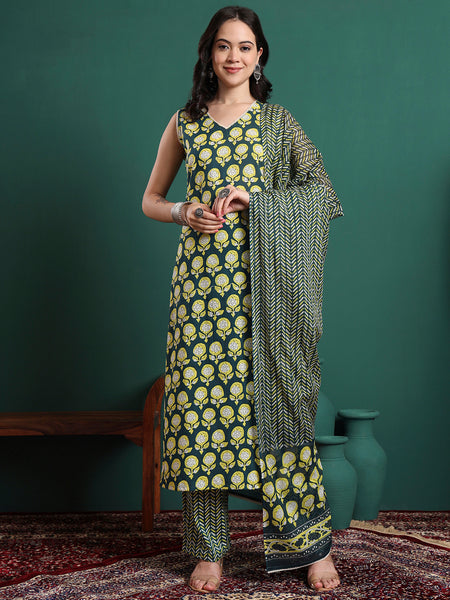 Floral Printed V-Neck Pure Cotton Straight Kurta With Trousers & Dupatta