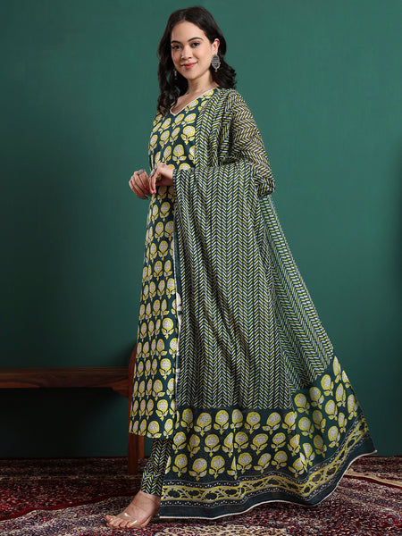 Floral Printed V-Neck Pure Cotton Straight Kurta With Trousers & Dupatta