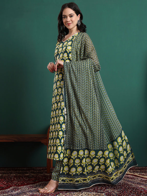 Floral Printed V-Neck Pure Cotton Kurta With Trousers & Dupatta