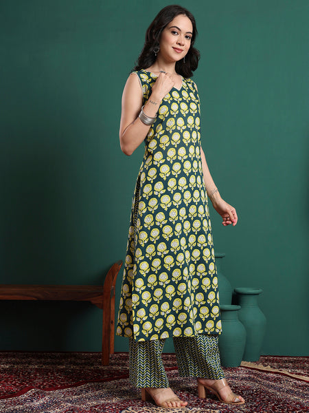 Floral Printed V-Neck Pure Cotton Straight Kurta With Trousers & Dupatta