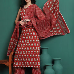 Floral Printed V-Neck Pure Cotton Kurta With Trousers & Dupatta