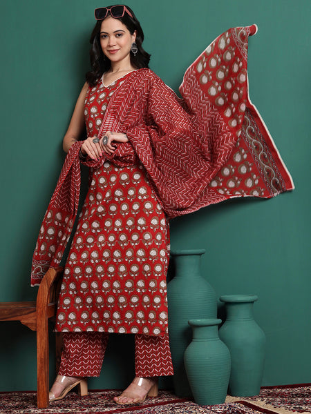 Floral Printed V-Neck Pure Cotton Kurta With Trousers & Dupatta