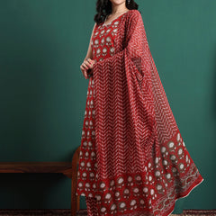 Floral Printed V-Neck Pure Cotton Kurta With Trousers & Dupatta