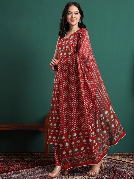 Floral Printed V-Neck Pure Cotton Kurta With Trousers & Dupatta