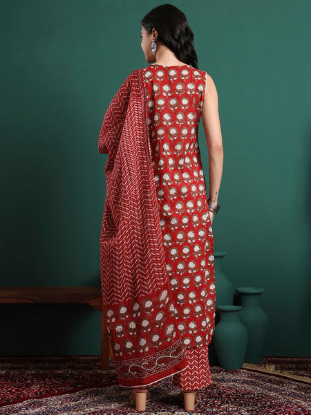 Floral Printed V-Neck Pure Cotton Kurta With Trousers & Dupatta