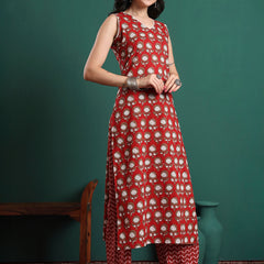 Floral Printed V-Neck Pure Cotton Kurta With Trousers & Dupatta