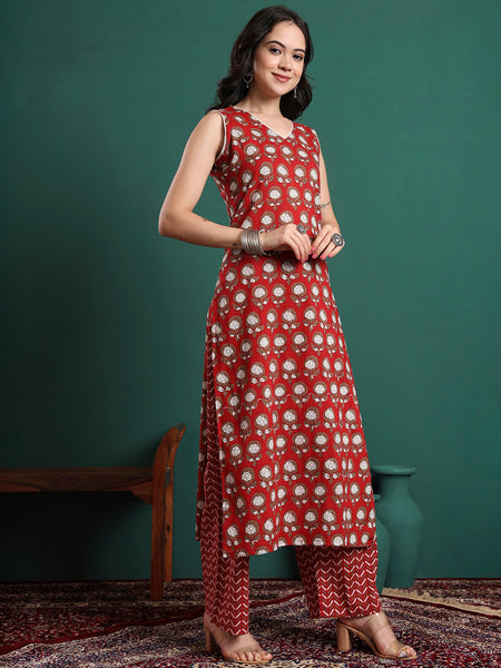 Floral Printed V-Neck Pure Cotton Kurta With Trousers & Dupatta
