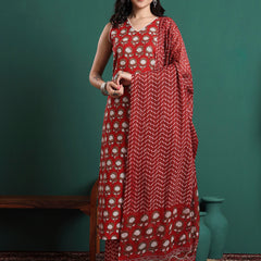 Floral Printed V-Neck Pure Cotton Kurta With Trousers & Dupatta