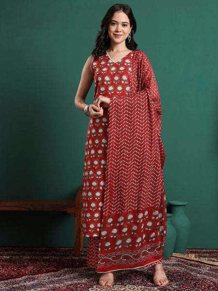 Floral Printed V-Neck Pure Cotton Kurta With Trousers & Dupatta