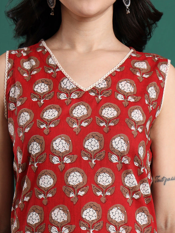 Floral Printed V-Neck Pure Cotton Kurta With Trousers & Dupatta