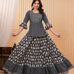 Women Ethnic Motifs Printed Cotton A-Line Kurti with Skirt & Dupatta