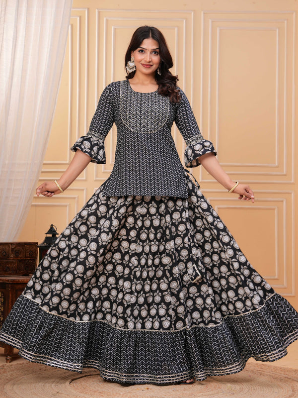 Women Ethnic Motifs Printed Cotton A-Line Kurti with Skirt & Dupatta