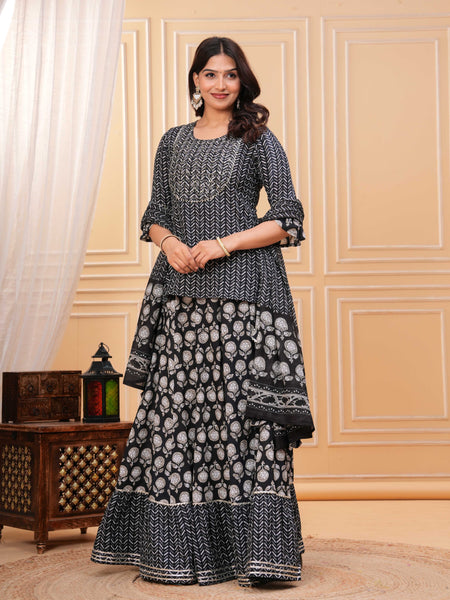 Women Ethnic Motifs Printed Cotton A-Line Kurti with Skirt & Dupatta