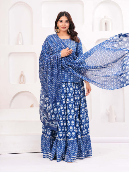 Women Ethnic Motifs Printed Pure Cotton Kurti with Skirt & Dupatta