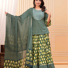 Women Ethnic Motifs Printed Cotton A-Line Kurti with Skirt & Dupatta