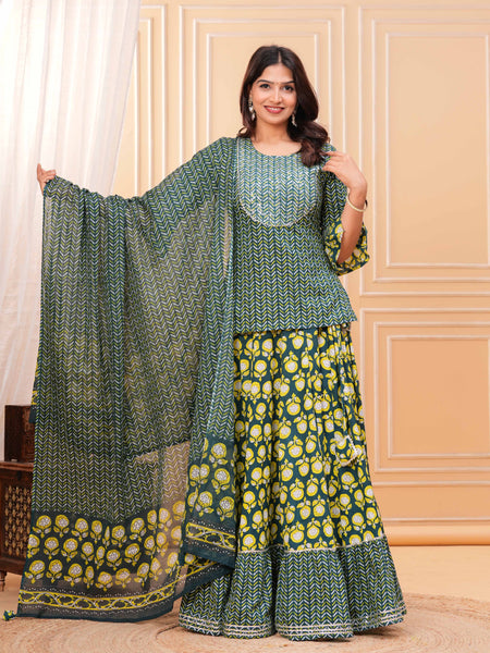 Women Ethnic Motifs Printed Cotton A-Line Kurti with Skirt & Dupatta