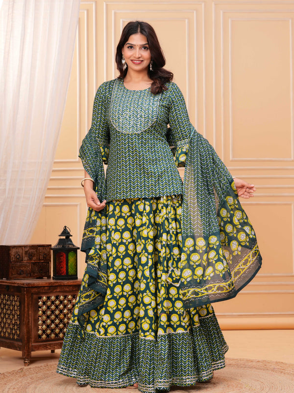 Women Ethnic Motifs Printed Cotton A-Line Kurti with Skirt & Dupatta