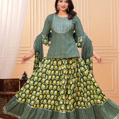 Women Ethnic Motifs Printed Cotton A-Line Kurti with Skirt & Dupatta