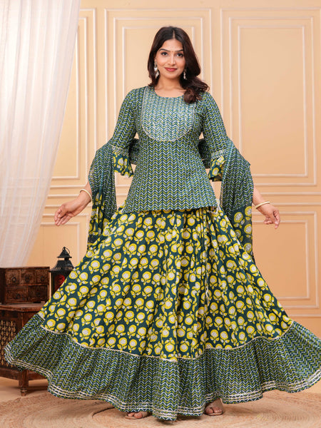 Women Ethnic Motifs Printed Cotton A-Line Kurti with Skirt & Dupatta